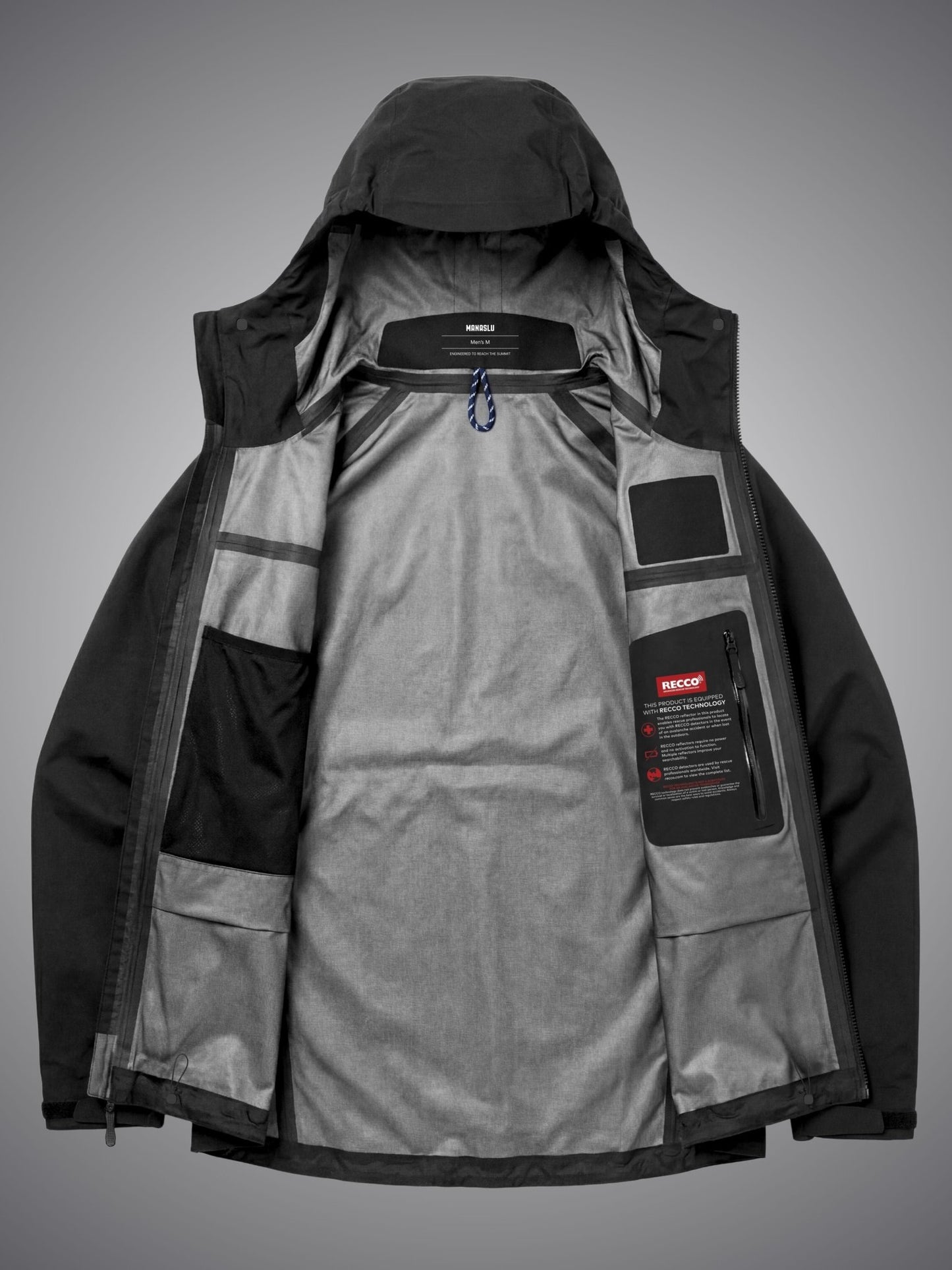Manaslu Summit Shell black alpine hardshell jacket interior view with inner pockets